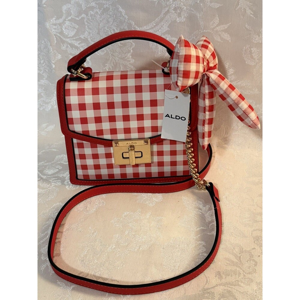 ALDO Red White Gingham Small Satchel Bag with Bow Accent & Detachable Strap